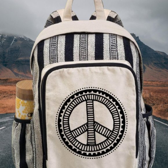 Soul Flower Peace Symbol Canvas Backpack - Natural - Picture 1 of 6